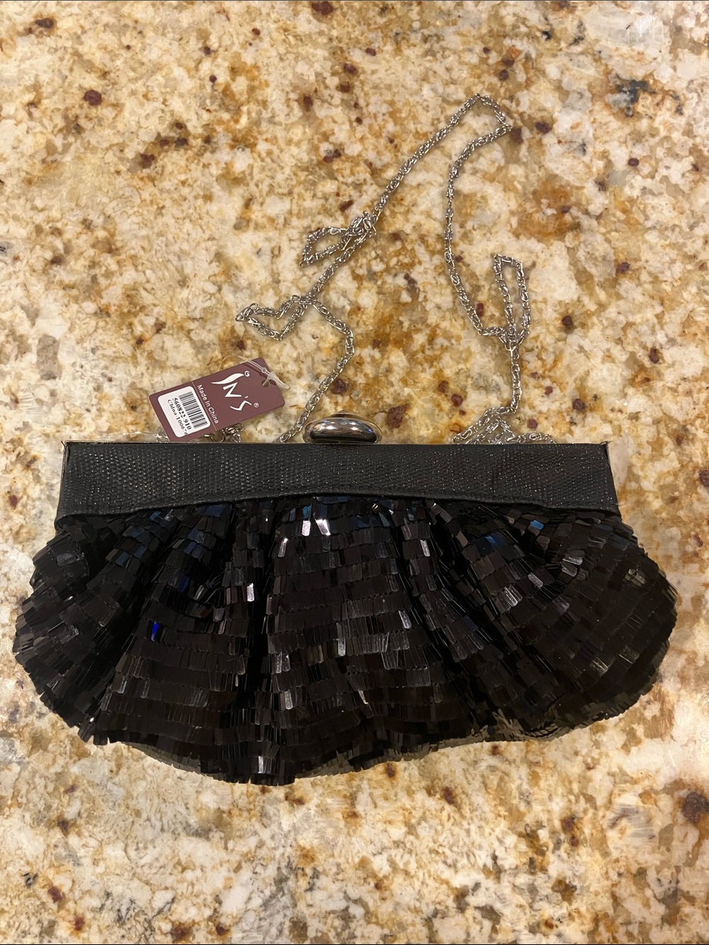 Black Sequin Evening Clutch with Silver Chain